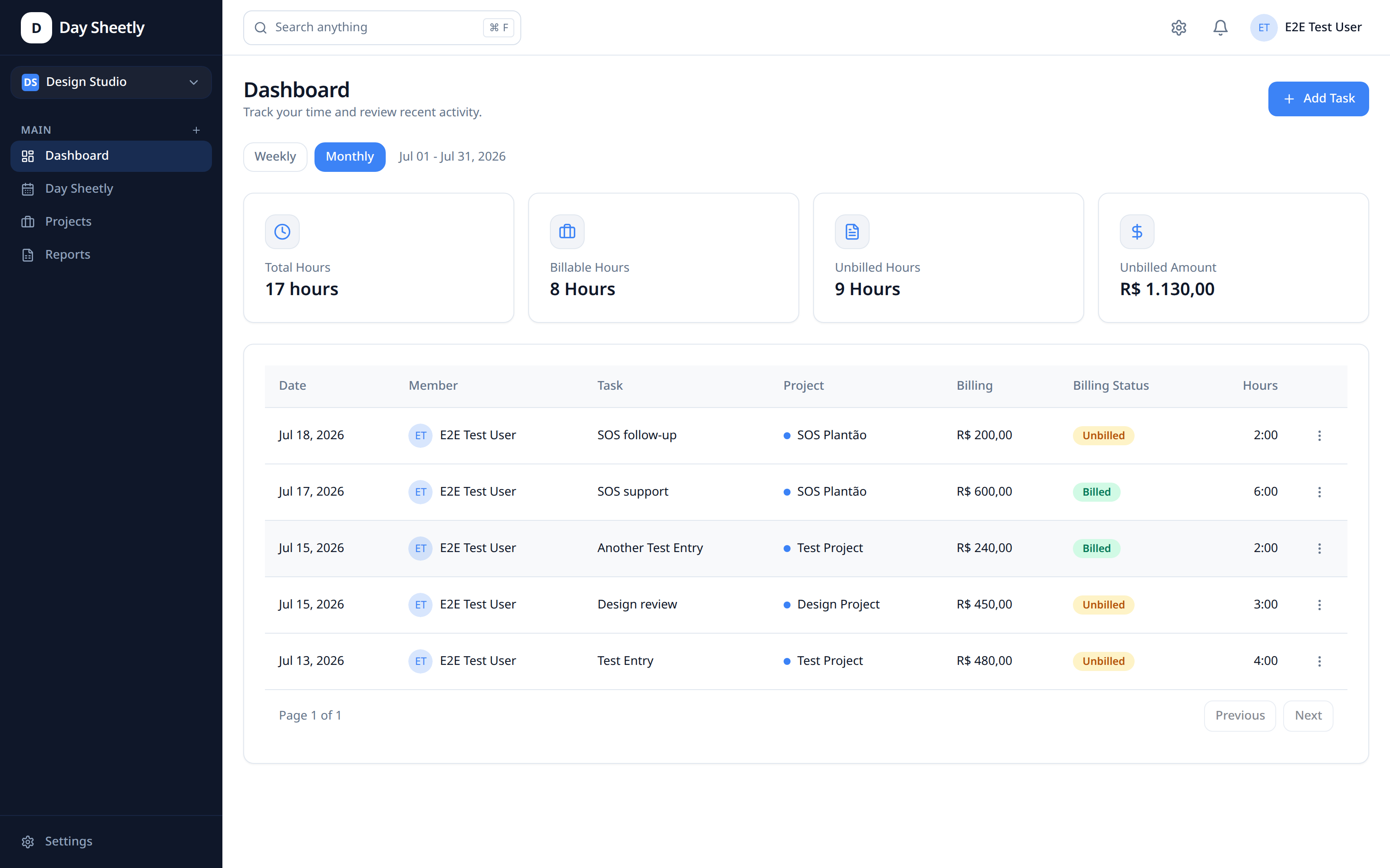 Day Sheetly dashboard with total hours, billable hours and unbilled amount cards