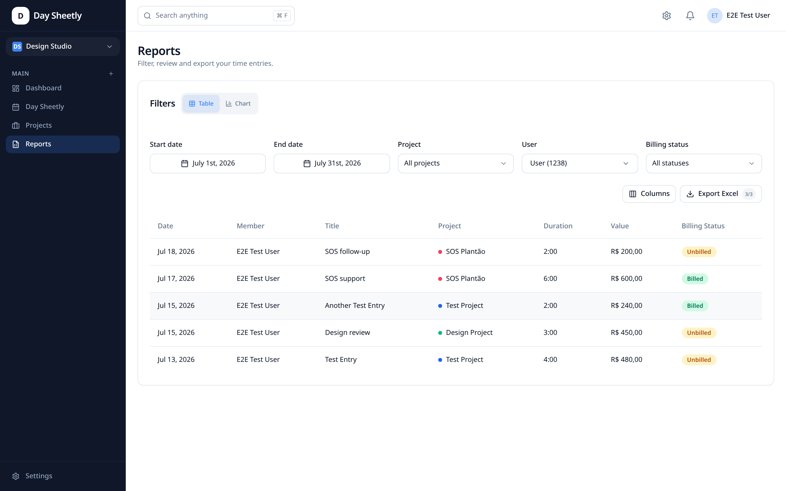 Day Sheetly reports table with filters, billing status badges and Excel export